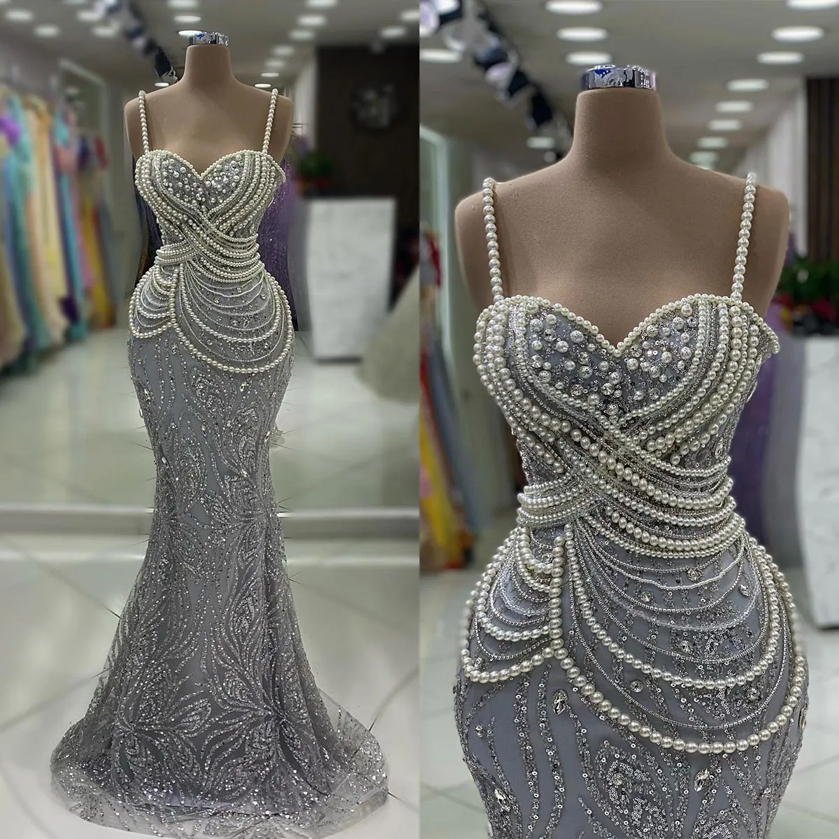 Real Picture Pearls Prom Dresses Women Sexy Sling Evening Dress Special Occasion Dress Grown Floor-Lenght Vestidos De Novia Hand Sewn Beads Customized D-L23617