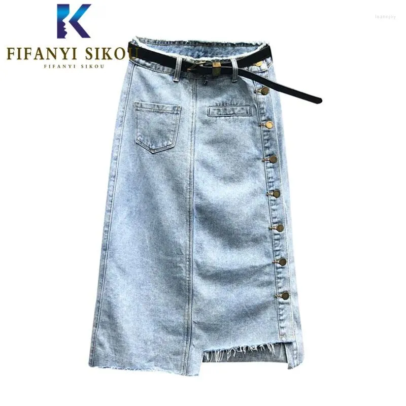 Rokken Hoge Taille Denim Rok Dames Enkele Breasted Zak Mode Losse Midi Lange Vrouwelijke Casual A-lijn Jeans Met Riem