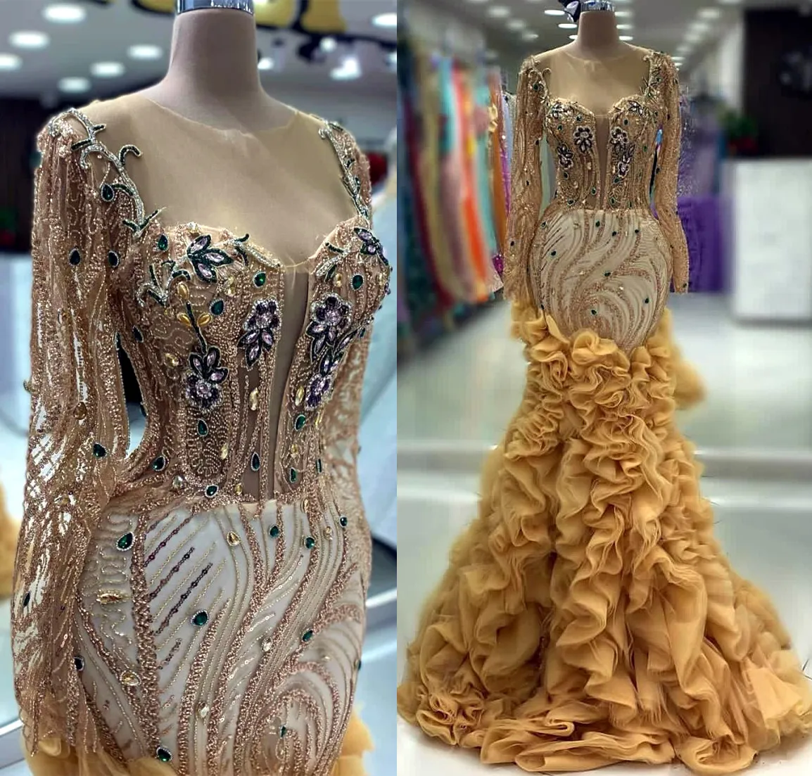 Ebi Mermaid Gold Aso Prom Dress Crystals kralen avond formeel feest tweede receptie verjaardag verlovingsjurken jurken jurken robe de soiree zj es