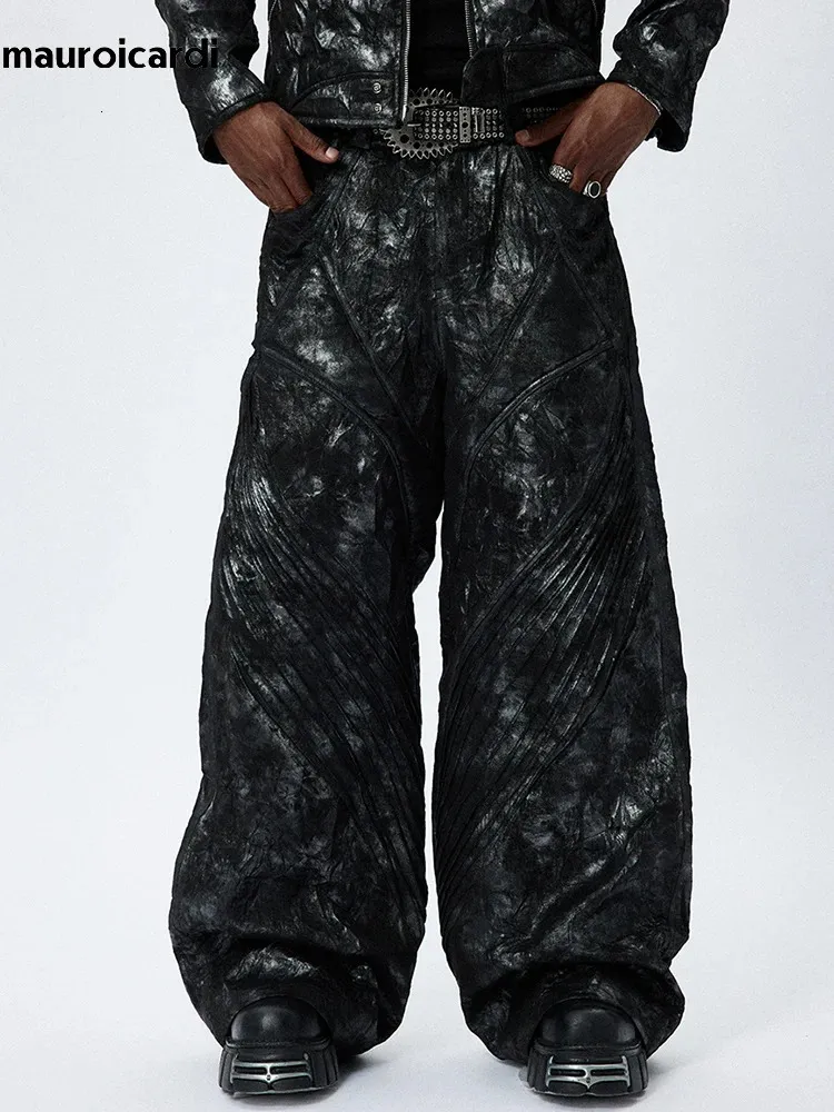Pantalons pour hommes Mauroicardi Automne Long Cool Beau Baggy Pu Cuir Large Jambe Pour Hommes Plissé Hip Hop Luxe Designer Vêtements Streetwear 231214