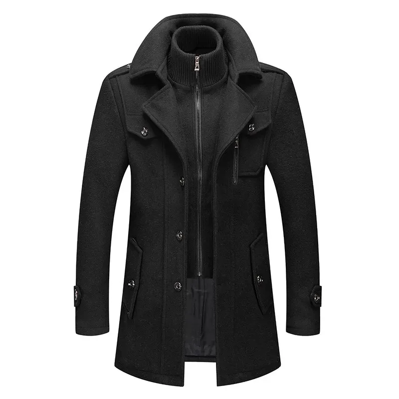 Mens Slim-Fit Wool Blend Long Jacket: Double Collar Zipper