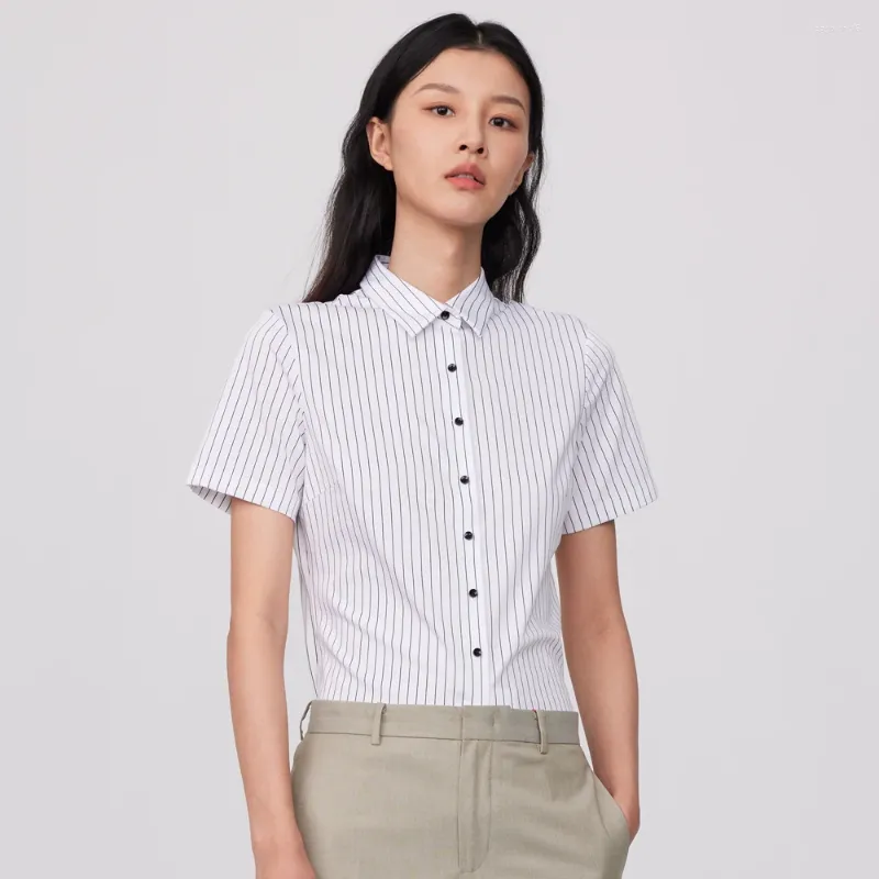 Kvinnor Bluses Office Lady Short Sleeve Wrinkle-Free Striped Work Blus Tops utan Pocket Versatile Summer Casual Slim-Fit Shirts