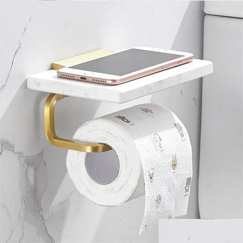 Toilet Paper Holders Marble Towel Rack Holder Wall Hanging Box Cell Phone Shelf Bathroom Accessories Brushed Gold Bar 210720 Drop De Dh38I