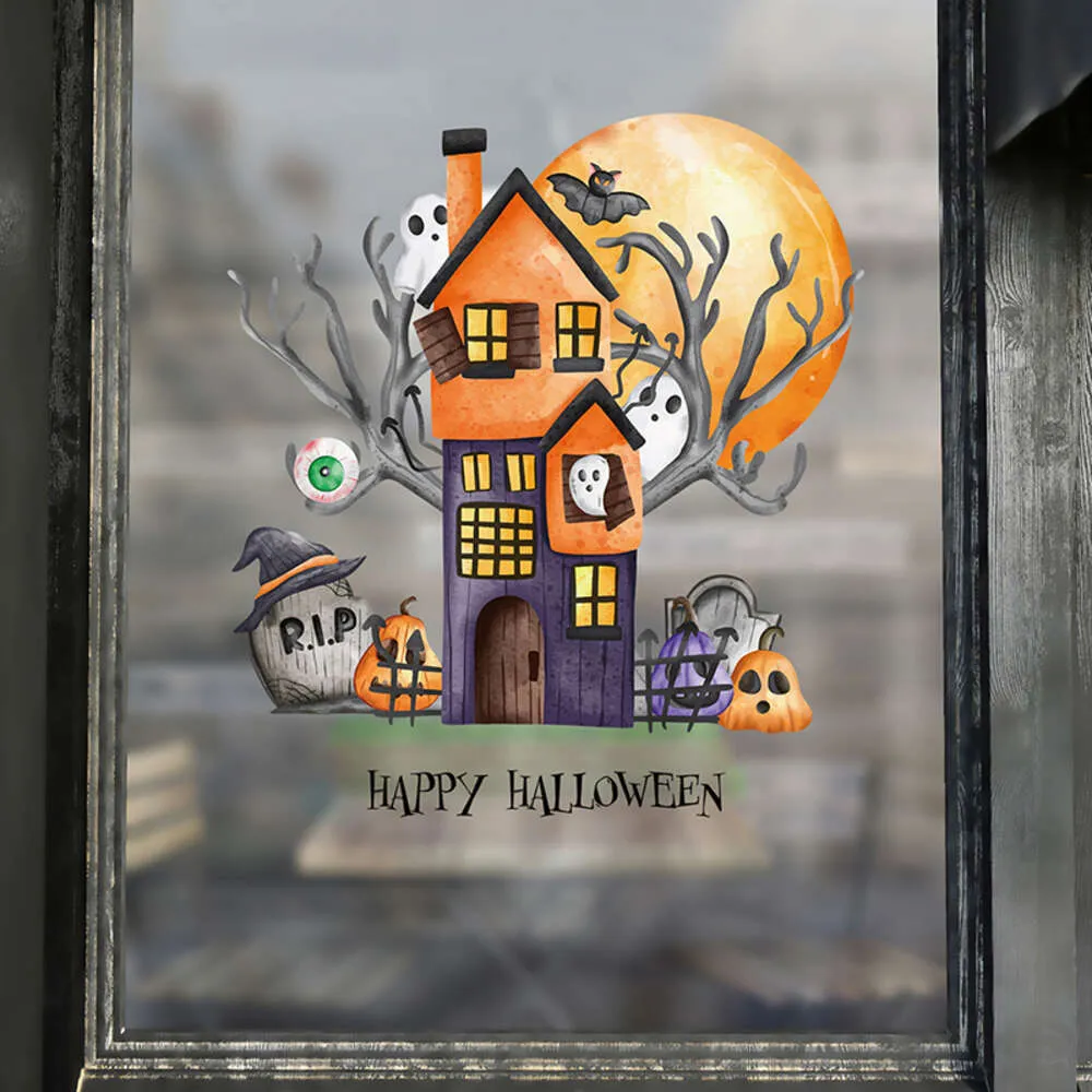 Halloween Cartoon Stijl Oranje Maan en Huis Pompoen Geit Muurstickers voor Vensterglas Woonkamer Festival Stickers Decals