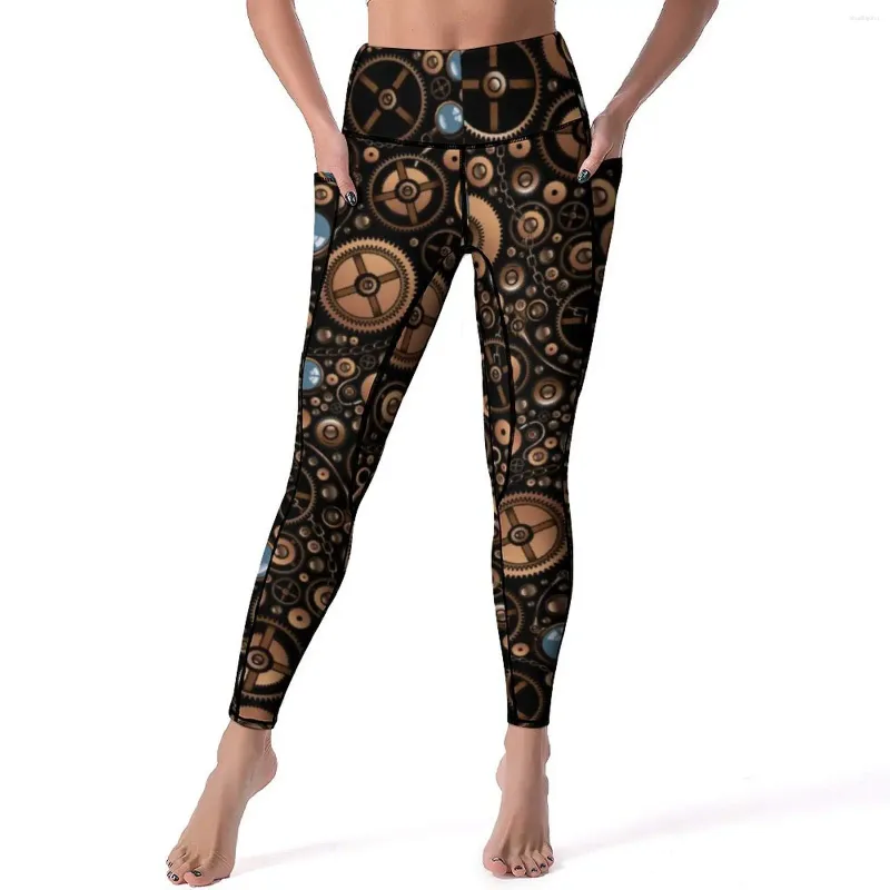 Women's Leggings Vintage Steampunk Sexy Gears Style Fitness Yoga Pants High Waist Elastic Sports Tights Pockets Casual Custom Leggins