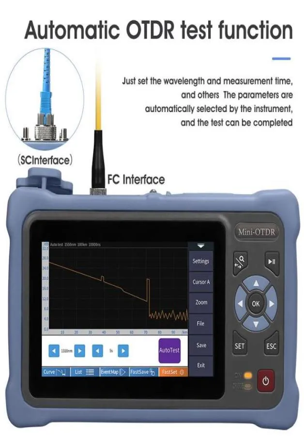 En 1 100KM MINi OTDR 13101550nm 2624dB réflectomètre à fibres optiques écran tactile VFL OLS OPM carte d'événement testeur de câble Ethernet Equipm8134179