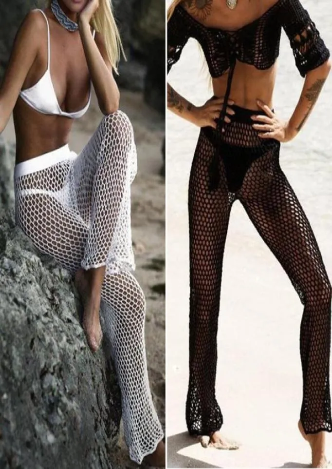 Knitted HollowOut Beach Fishing Net Pants Women Hand Crochet Beach Long  Sunscreen Trousers sexy bikini Swimsuit2183719