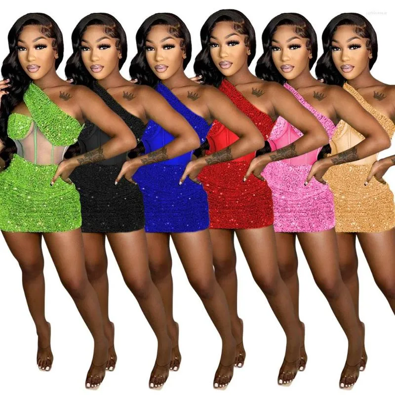 one shoulder sequin patchwork party mini dresses One Shoulder Mesh Patchwork Sequin Mini Dresses