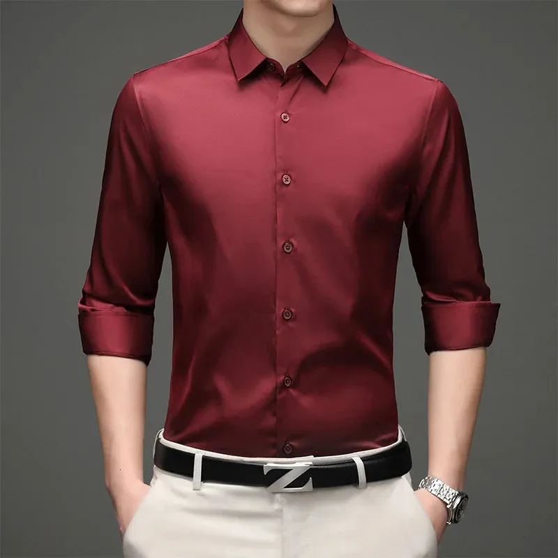 メンズドレスシャツ長袖シャツと男性の短いスリムフィット豪華なアイスシルクシルクシルクシルクシルクソリッドカラービジネスアイアンレス韓国語バージョン6xl 231213