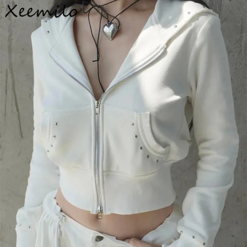 Womens Jackets Xeemilo Autumn Casual Design White Rivet Coat Aesthetic Simple Zipper Cardigan Hooded Tops Streetwear Women Slim Fit Coats 231214