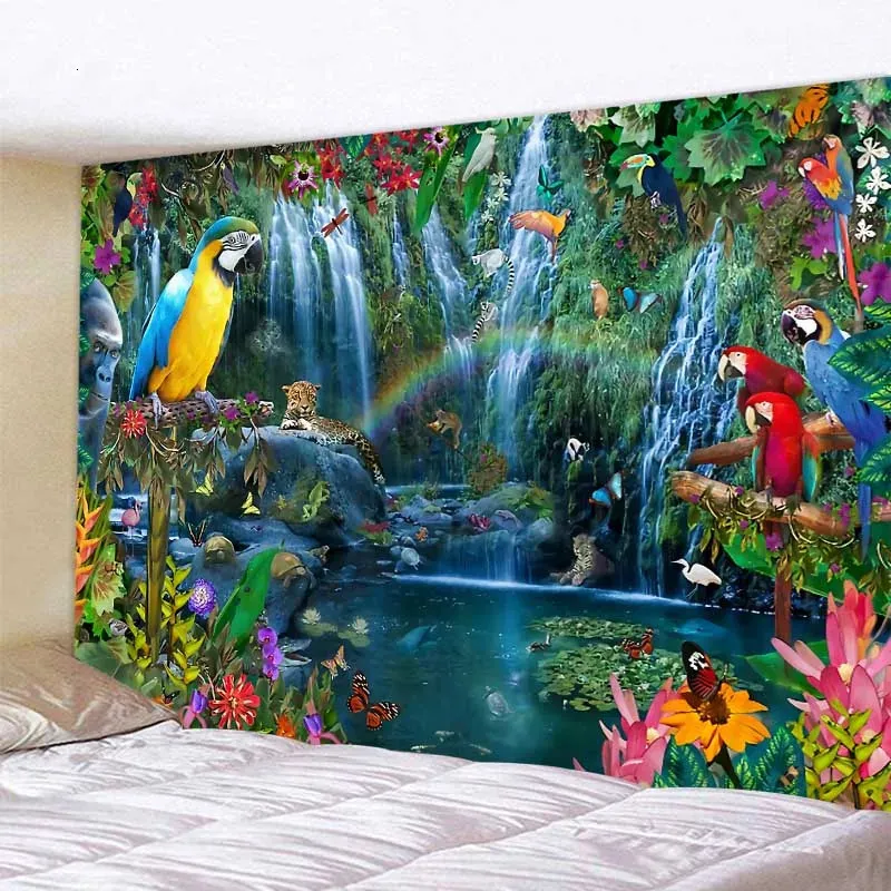 Tapices Jungle Bird Art Tapiz Escena psicodélica Decoración para el hogar Colgante de pared Hippie Boho Estética Habitación Yoga Mat 231213