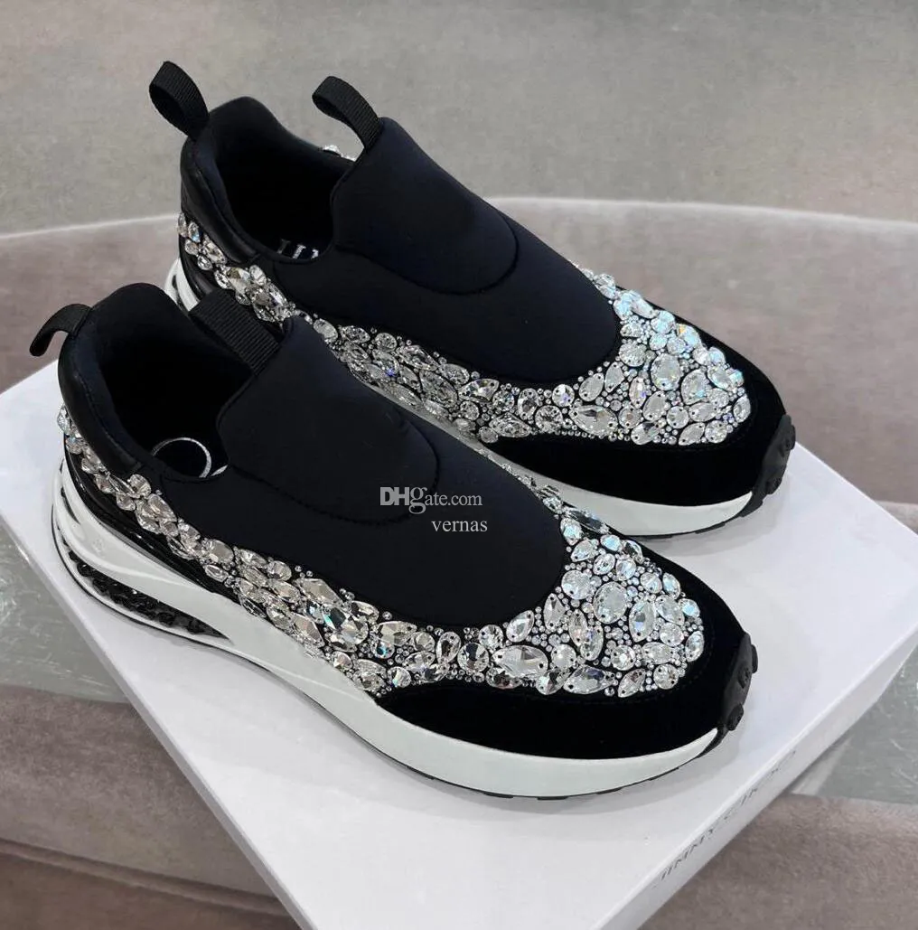 Top Luxury Women Memphis Trainers Shoes Crystal Embellished Slip On Sneakers Neoprene Leather Pink Black White Lady Comfort Runner Sports Eu35-40