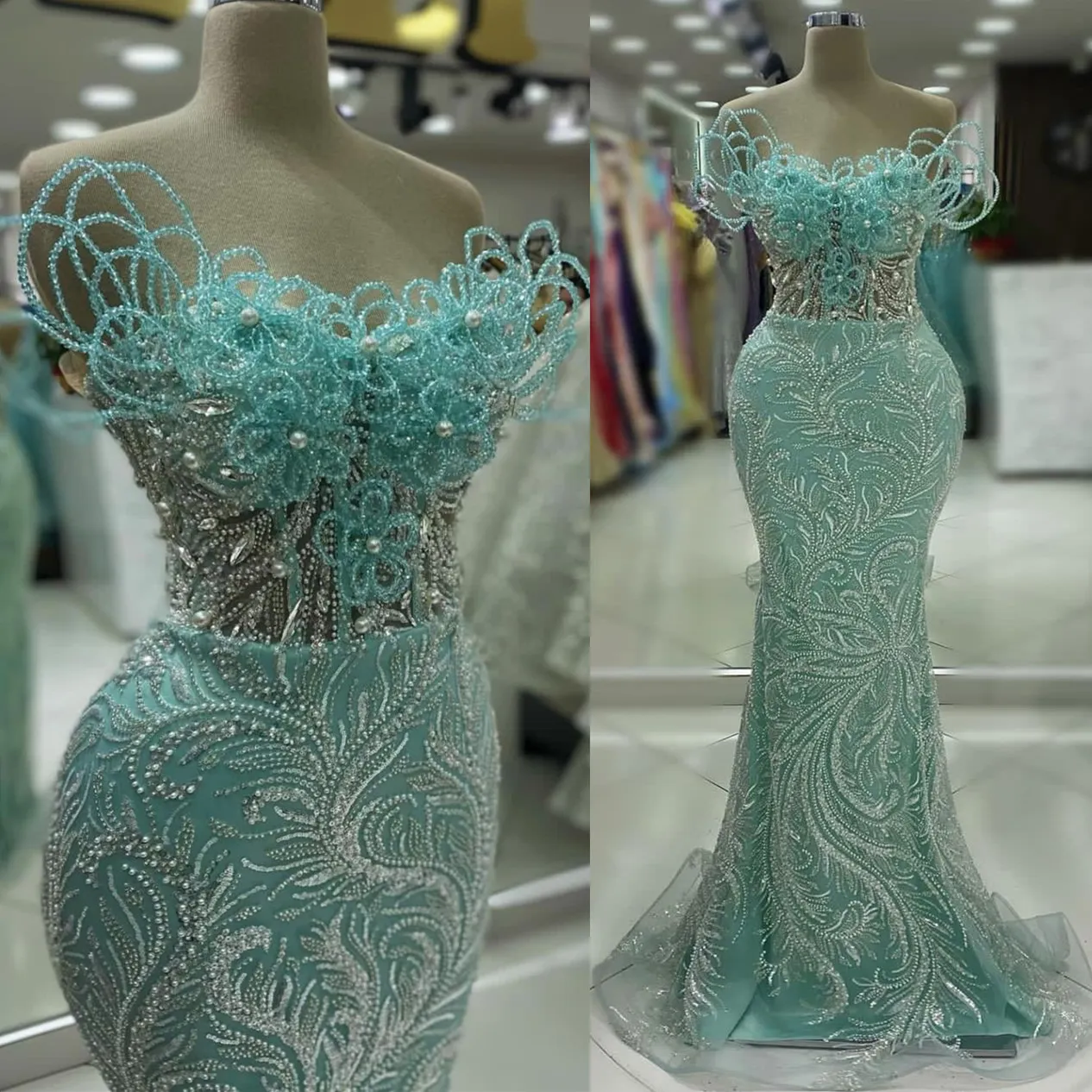 2024 Aso Ebi Mint Mermaid Prom Dress Sequined Lace Beaded Evening Formal Party Second Reception Birthday Engagement Gowns Dresses Robe De Soiree ZJ07