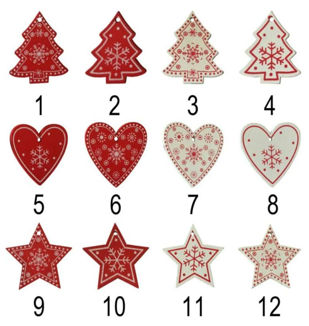 Christmas Wooden Pendant 10pcslot White Red Wooden Christmas Tree Ornament Angel Snow Bell Elk Star Christmas Decorations for Hom1595627
