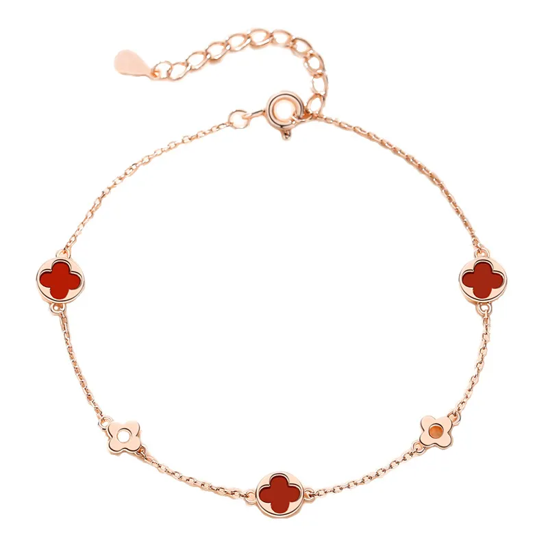 S925 prata esterlina trevo designer pulseira feminina ol charme elegante ágata branco vermelho doce flor luxo link pulseiras jóias