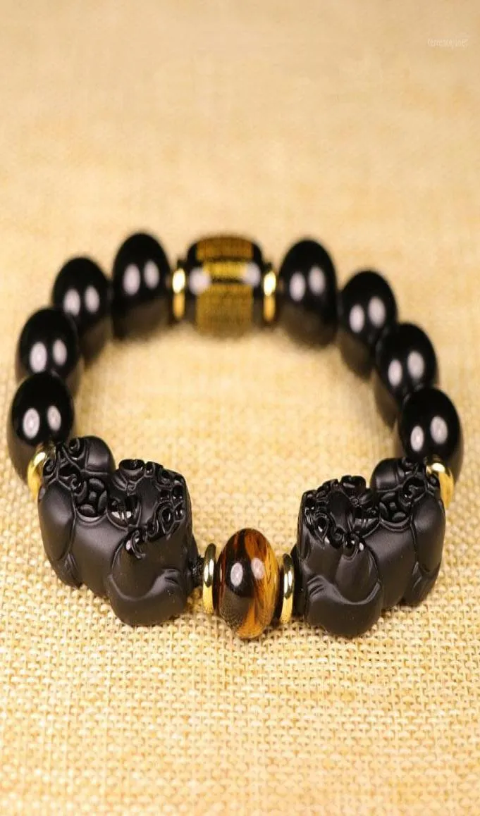 Natuurlijke Zwarte Obsidiaan Armband Tijgeroog Steen Dubbele Bixie 10 12 14 16 mm Lucky Dappere Troepen Vrouwen Mannen Sieraden drop 15876265