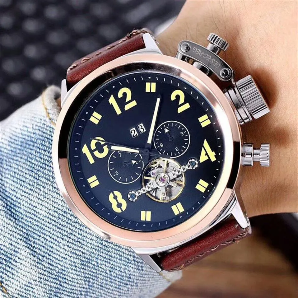 Montres pour hommes d'affaires de marque supérieure mouvement automatique mécanique bracelet en cuir véritable 48mm montre de mode à grand cadran pour hommes noël 236B
