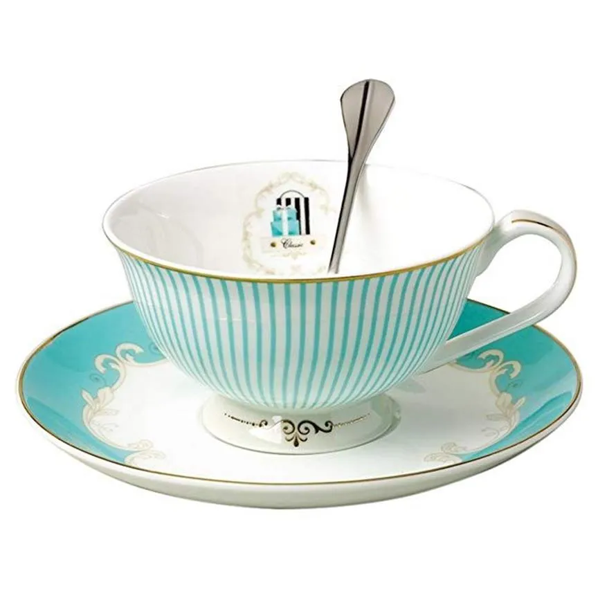 Tazze da tè vintage Royal Bone China, caffè, latte, tazza da tè, piattino e cucchiaio, set blu in scatola regalo 7-Oz266K