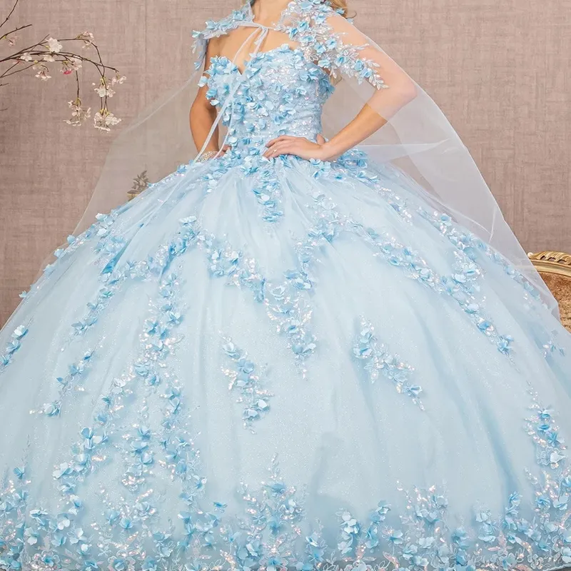 Céu azul luxo vestido de baile quinceanera vestidos com capa contas lantejoulas rendas apliques flor vestidos de 15 anos aniversário