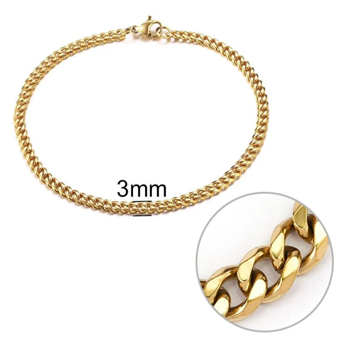 Link Chain 3mm Men Armband Rostfritt stål Curb Cuban Link Bangle för manliga kvinnor Hiphop Trendy Wrist Jewelry Gift 192123CM3261611