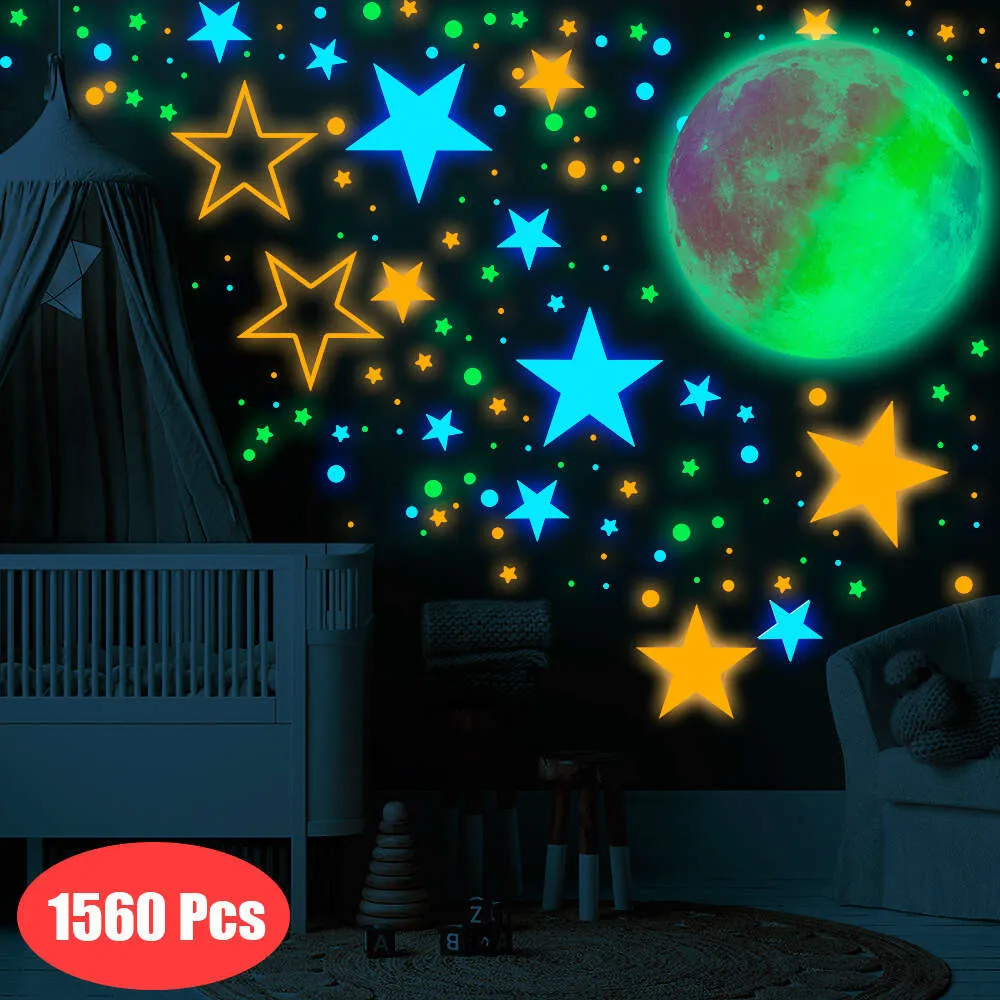 1560pcs Luminous Green Light Blue Light Orange Light Moon and Stars Wall Stickers for Kids Room Glow in the Dark Stickers Decor