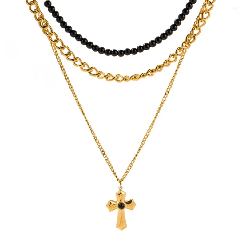 Hänghalsband Allme Chic Natural Stone Tigereye Cross Women 18k Gold Pvd Plated Titanium Steel Three Layered Agate Choker