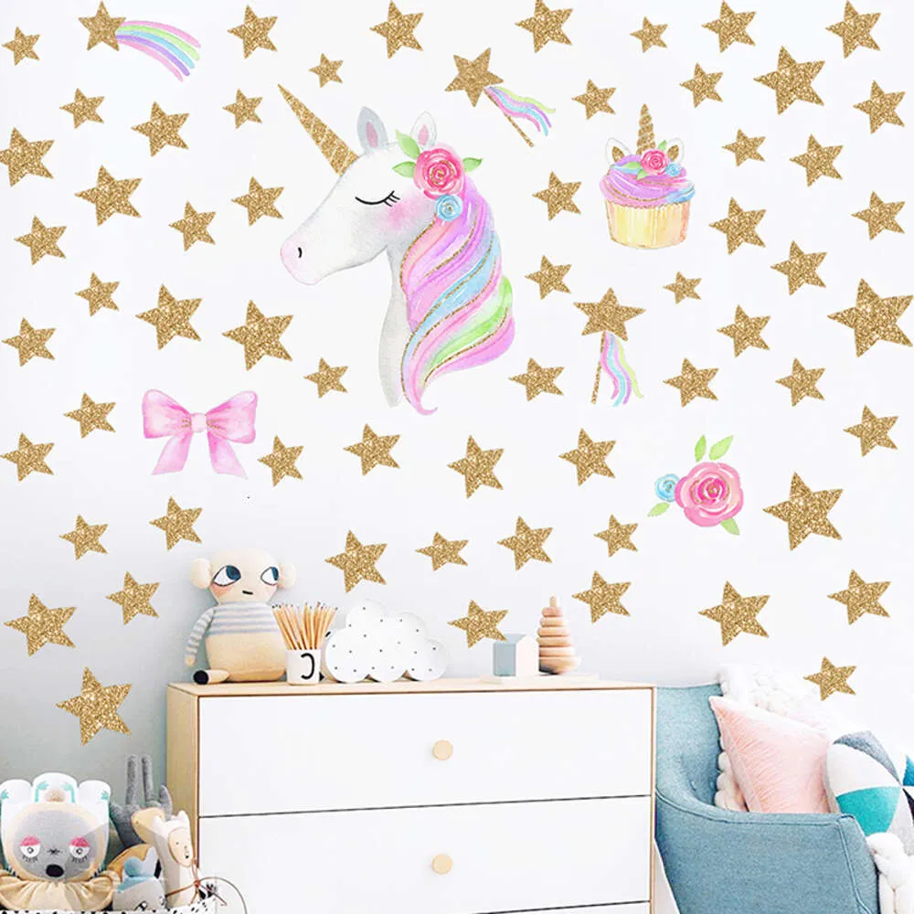 Unicorni ad acquerello cartoni animati Stelle dorate e adesivi murali a forma di cuore per la cameretta dei bambini Decalcomanie da muro per la cameretta dei bambini Decorazioni per la camera da letto della ragazza