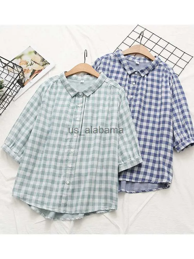 Blouses pour femmes Chemises Lamtrip Fil de coton doux pour la peau Grand Plaid Simple Boutonnage Col Lâche Femmes Demi Manches Chemise Chemisier 2023 Été YQ231214