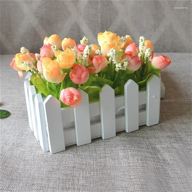 Decorative Flowers Artificial Flower Arrangement Wooden Pot Fence Plant Basket Container Planter Home Garden Wedding Decoration