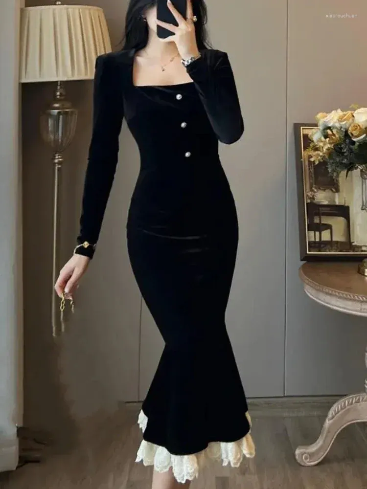 Sıradan Elbiseler Fransızca Vintage Tek Parça Elbise Kadınlar Düğmesi Zarif Y2K Akşam Partisi Midi Kadın Kore tarzı Giysiler 2023 Kış