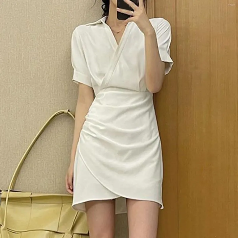Casual Dresses Woman Wrap Short Street Style Plain Color Dress med fickor Elegant Slå ner krage midi -skjorta