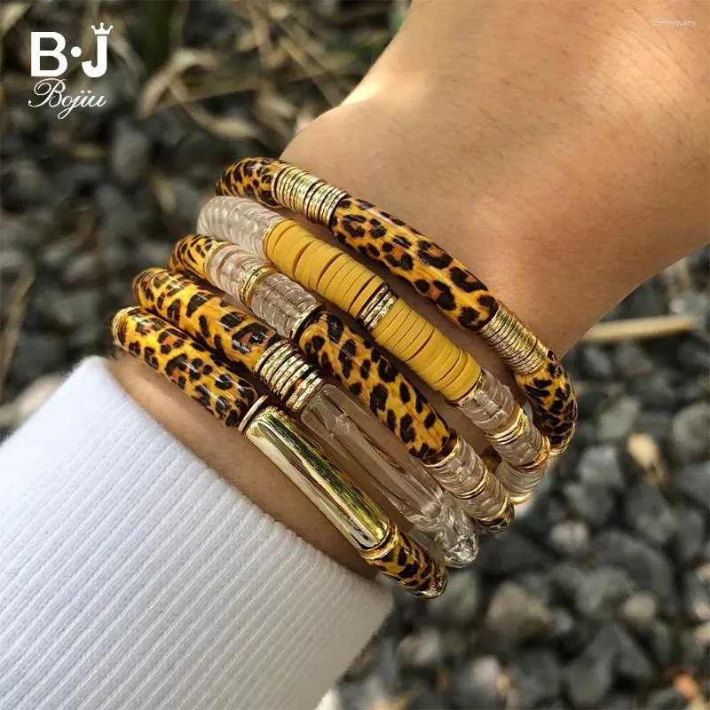 Strand Boho Elastic Golden Metal Disc Leopard Plastique en plastique Résine Bamboo Tube bracelets Bracelets pour femmes bijoux à la main BC487