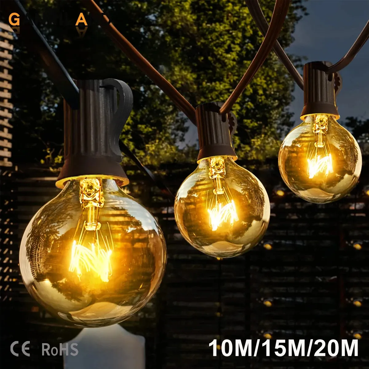 Décorations de Noël GANRILAND G40 Tungstène Guirlande lumineuse extérieure EU US Plug 7W Globe Edison Lampe à incandescence Ampoules Étanche IP44 Chaîne Lumineuse Fée 231214