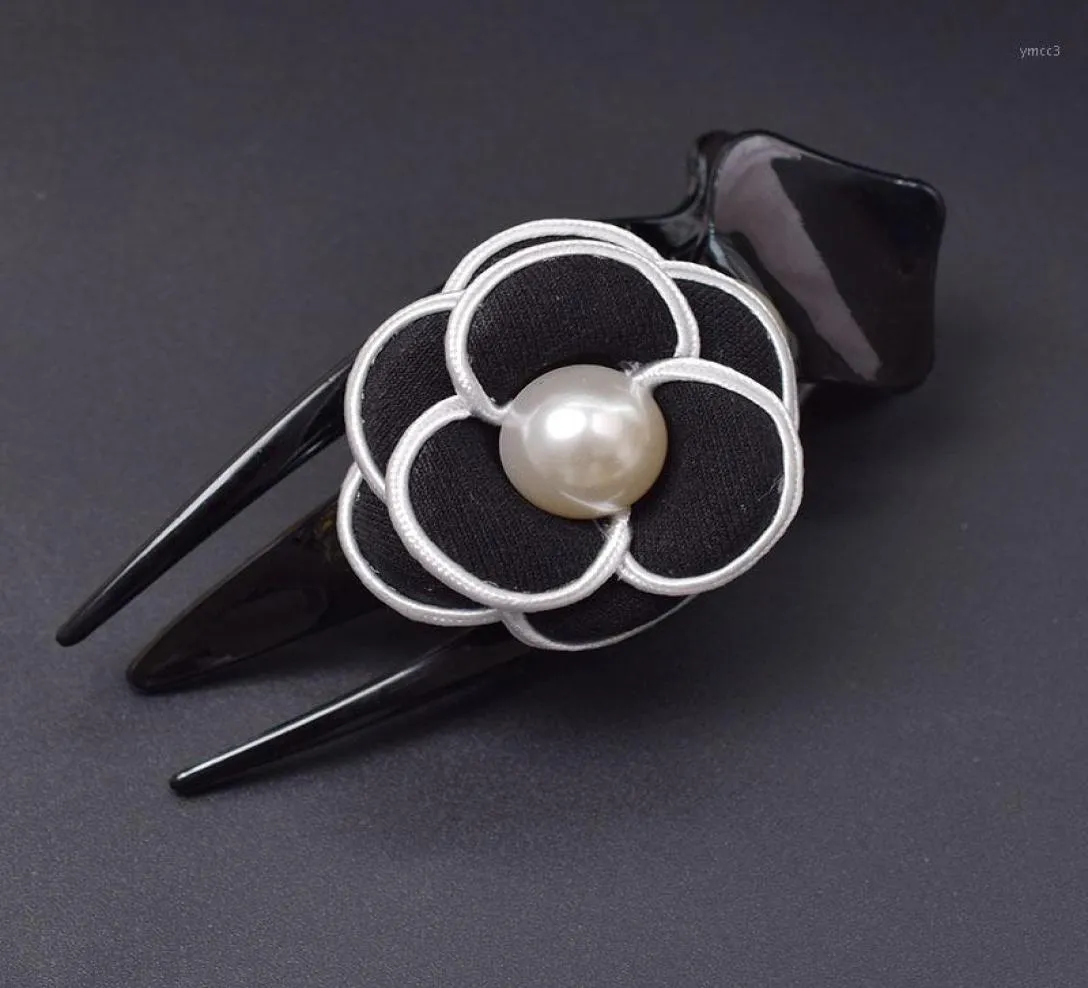 Wholesale Korean fabric adult large black word mouth claw clip simple pearl camellia flower hair female hair accessories17749890