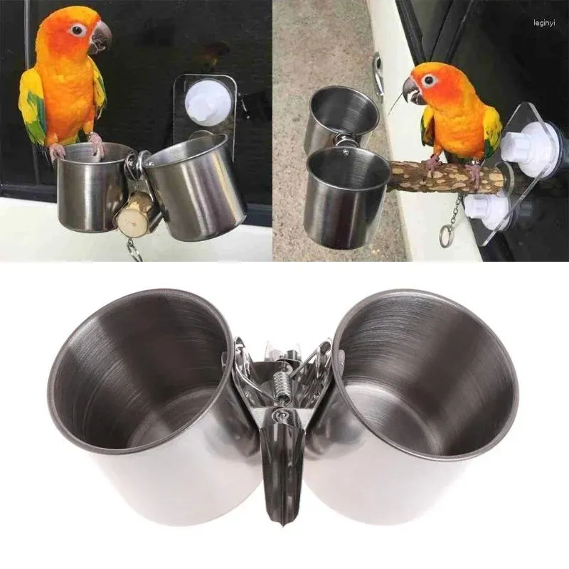 Autres fournitures d'oiseaux Coupe d'alimentation avec pince en acier inoxydable Plat d'alimentation Bol d'eau pour perroquets Gris africains Perruches Fenêtre