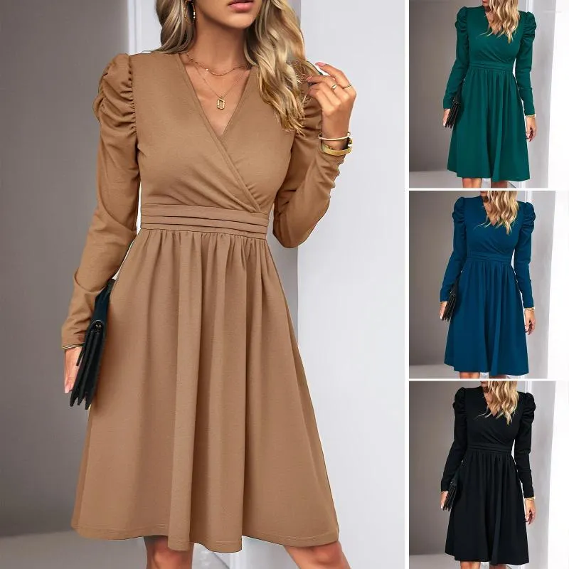 Robes décontractées plissé solide manches longues taille haute une ligne jupe lâche confort surplis robe col en V pour les femmes automne robes de soirée simples