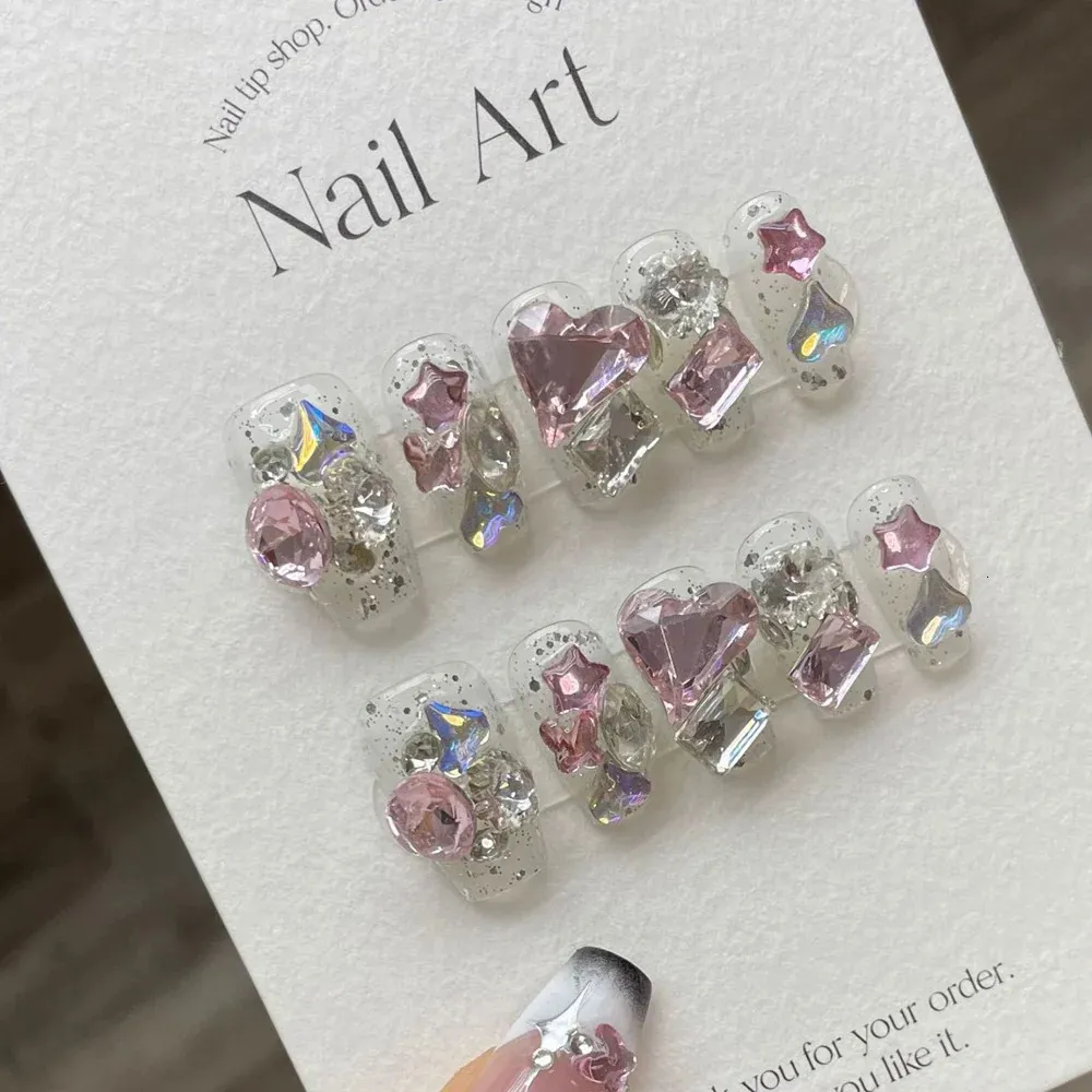 False Nails Handmade Fairy Press on Nails with Charm Luxury Design Reusable Adhesive False Nails French Medium-length Nail Tips for Girls 231214