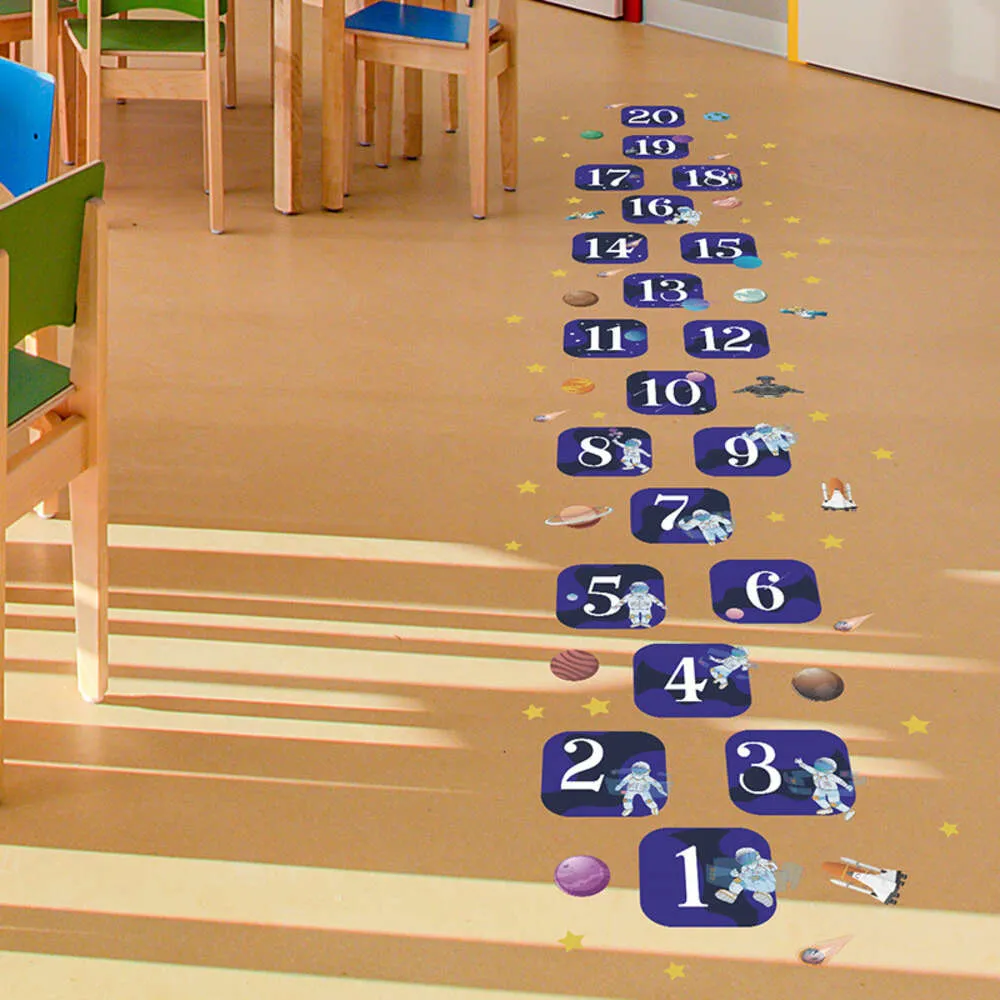 Grande 68x287cm 1-20 números hopscotch chão adesivos jogo adesivos astronauta planetas quadrados adesivos de parede para quarto de crianças