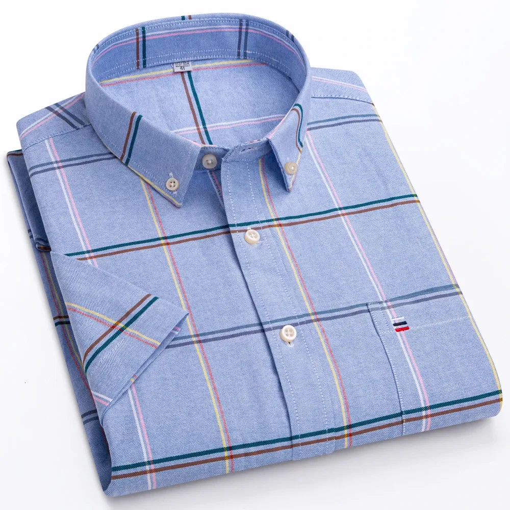 Camisas de vestido masculinas verão casual manga curta 100 algodão fino oxford camisa único remendo bolso padrão botão xadrez listrado 231213