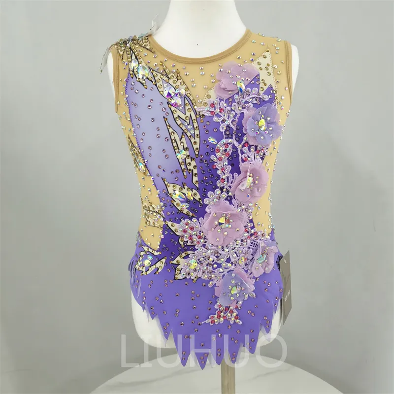 Liuhuo تخصيص Hythmic Gymnastics Hedards Girls Women Purple Artistics Artistics Performance Wear Crystals