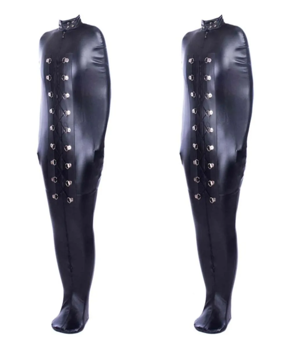 Esaret bodysuit pu deri tam çanta bdsm bağlayıcı boğazı uyku çuval fetiş köle kısıtlamaları koşum kostümü 11235975480