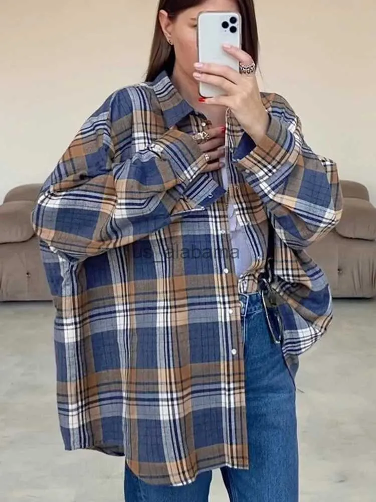 Women's Blouses Shirts Mueyaruho Women Vintage Oversized Plaid Shirt Flannel Casual Long Sleeve Loose Fit Blouse 2023 Autumn Winter YQ231214