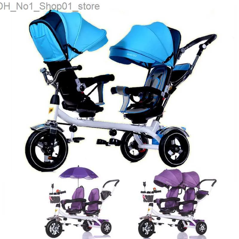 Poussettes # Anti UV parasol jumeaux bébé poussette Double Tricycle chariot rotatif siège pivotant landaus deux landau Double poussette Q231215