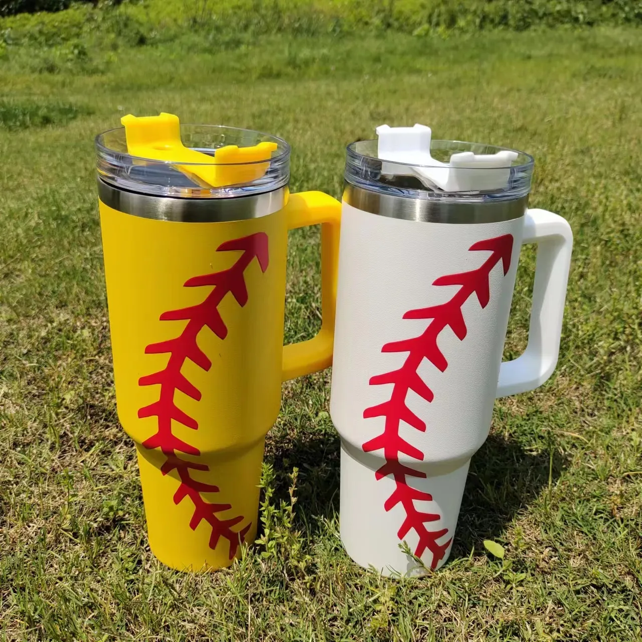 40oz tumbler designer tumblers baseball football basketball design stainless steel with Logo handle lid straw beer mug water bottle outdoor camping cup