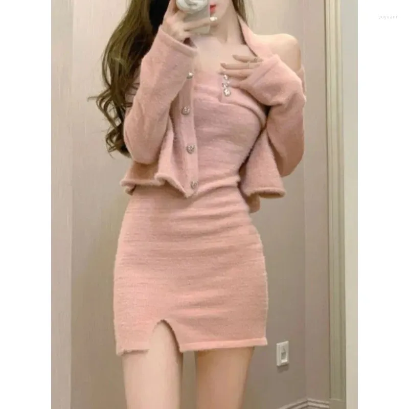 Arbeit Kleider 2023 Herbst Gestrickte Anzüge Frauen Casual Langarm Y2k Crop Tops Mini Pullover Kleid Büro Dame Koreanische 2 stück Sets