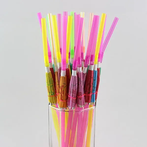 Wholesale- 9.4'' 24cm eco-friendly solid color plastic drinking straws with paper umbrellas Cocktail straws