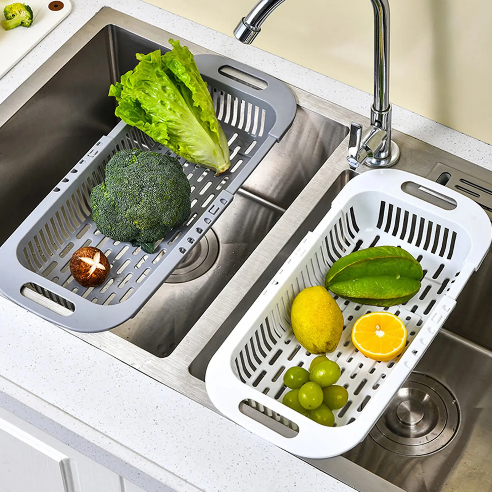 Sink Silers Kitchen Organizer Soap Sponge Holder Justerbar Vegetable Drain Basket Rack Telescopic Gadgets 231214
