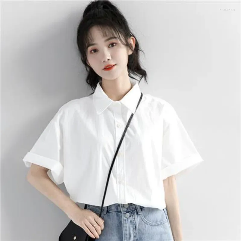 Blouses Femmes Femmes Chemises Preppy Style Solide Blanc Été Casual Manches Courtes Mode Coréenne Chic Blusas Streetwear Tops De Vacances