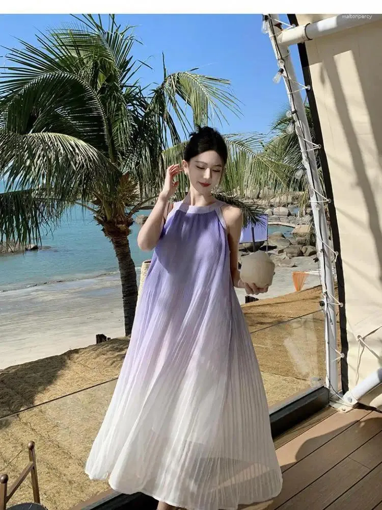 Casual Dresses Purple Gradient Halter Off Shoulder Sexy Club Dress Women 2023 Summer Party Long Sleeveless Holiday Sundress Ladies