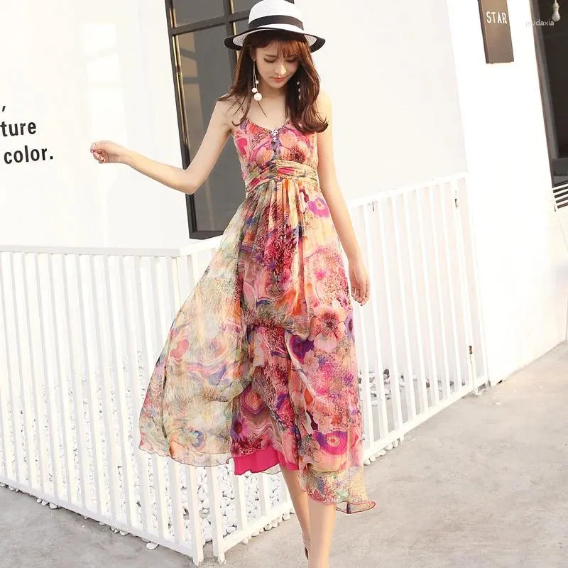 Casual Dresses Sexy Summer Dress Women Real Silk Maxi Boho Beach Evening Party Ladies Strapless Floral Vestido 2090